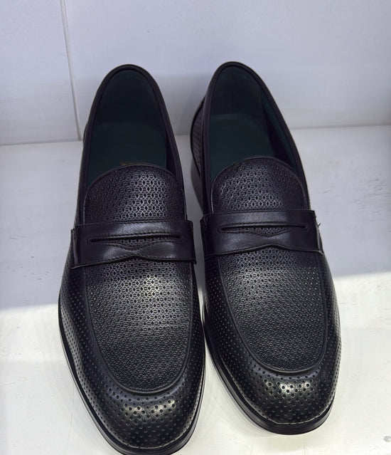 Italian Perforated Leather Penny Loafers – Black Classic Slip-On Shoes